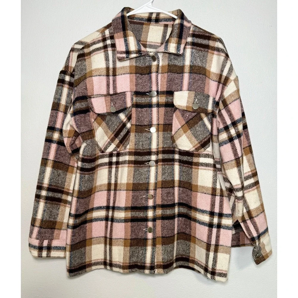 Oversized Plaid Shacket Women Pink Brown Cream Button Down Flannel Shirt Jacket
